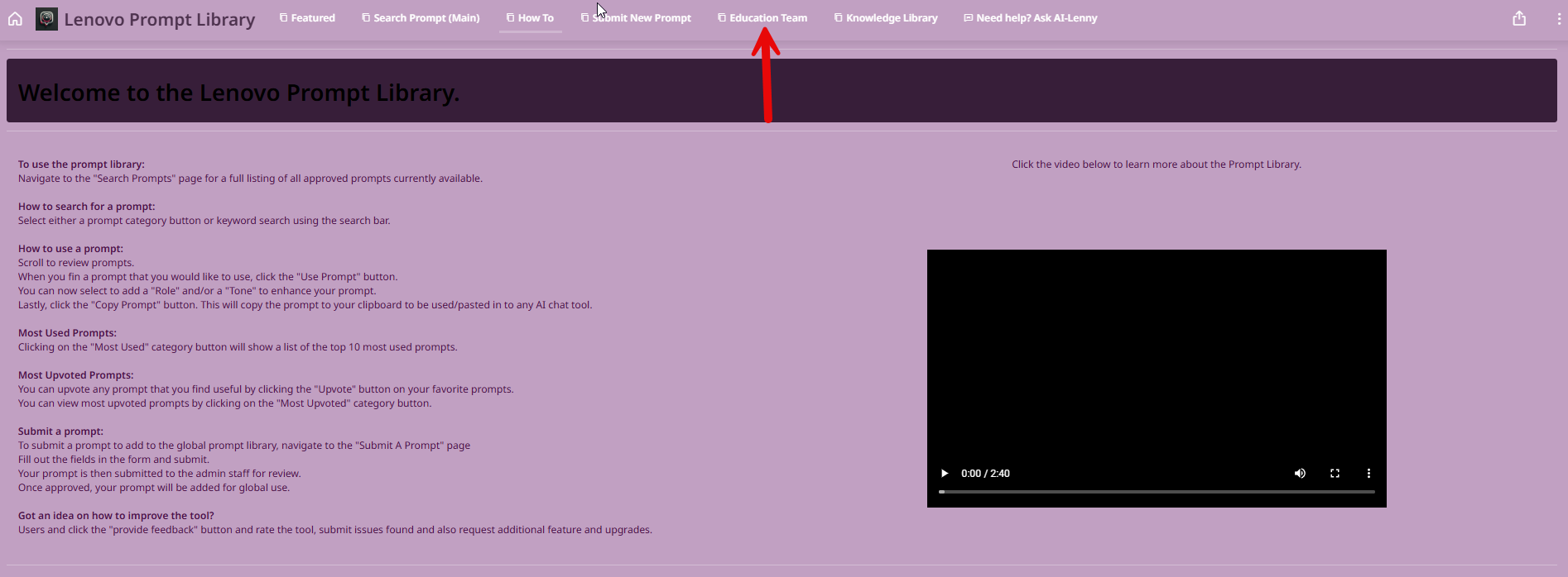 The Lenovo Prompt Library with the Education Team tab highlighted