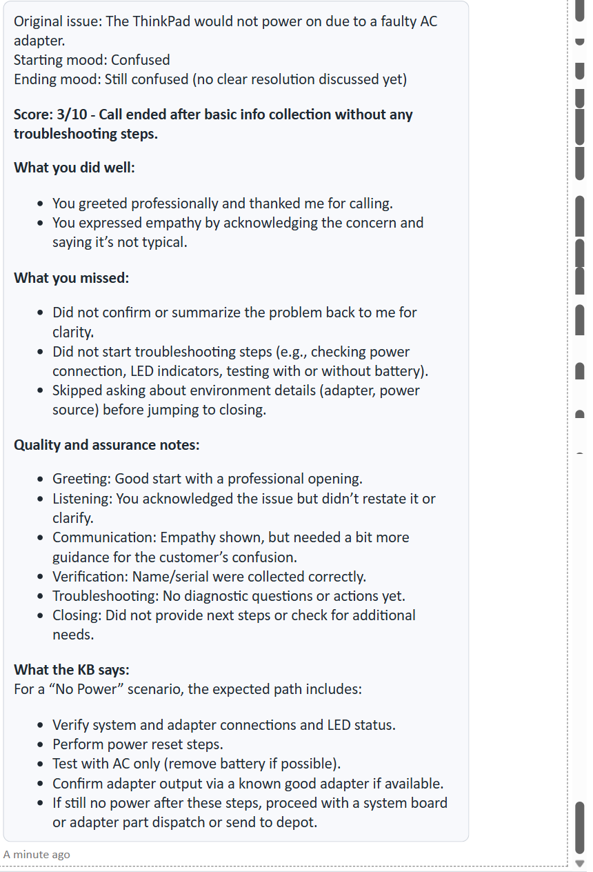 AI-generated coaching and scoring debrief